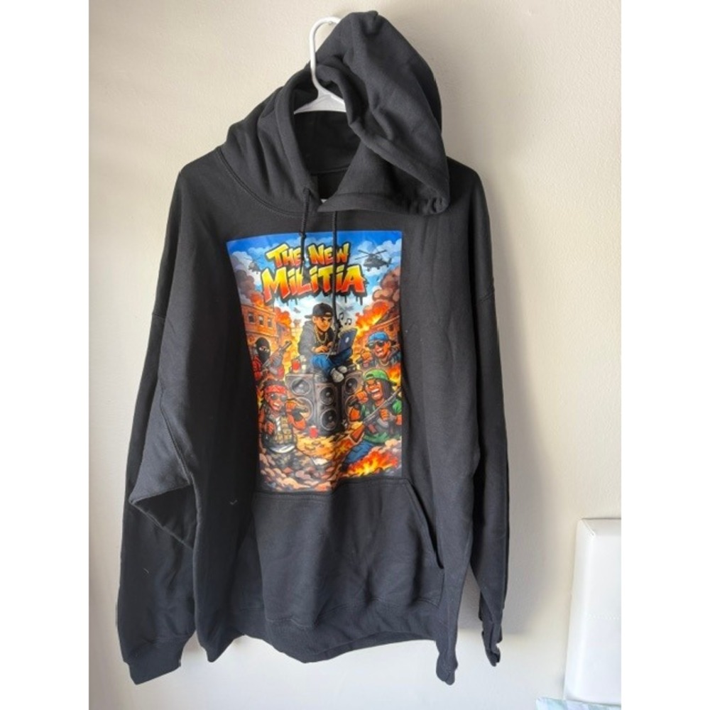 The New Militia Graphic Hoodie Mens Black Streetwear Pullover Sweatshirt